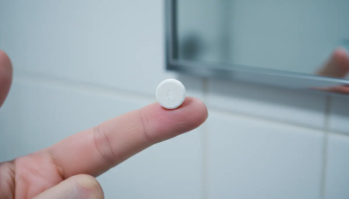 Tabletă albă în mână înainte de administrare, calmant pentru durerea dentară