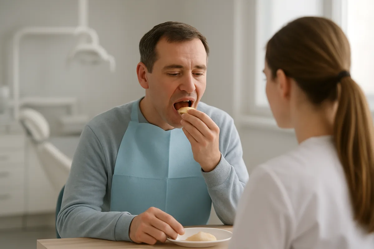 Pacient cu proteză dentară nouă la masă, învățând să mestece alimente moi, ghid