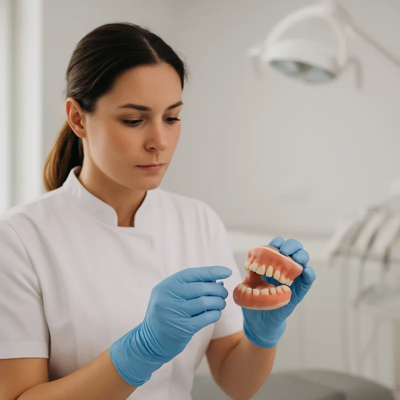 Medic stomatolog ajustează o proteză dentară totală în cabinetul