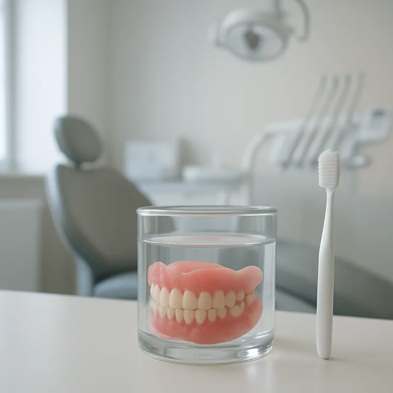 Proteză dentară păstrată în recipient cu apă peste noapte, lângă periuță de curățare