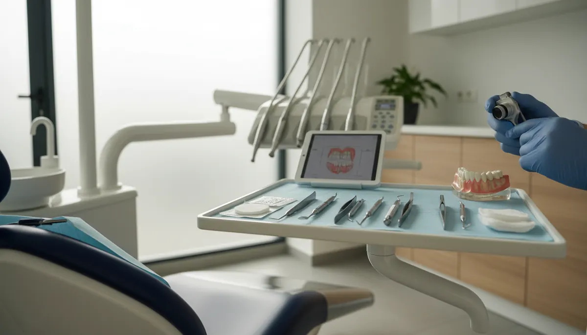 Examen clinic dentar la un control de rutină, cu oglindă și sondă pentru verificarea dinților
