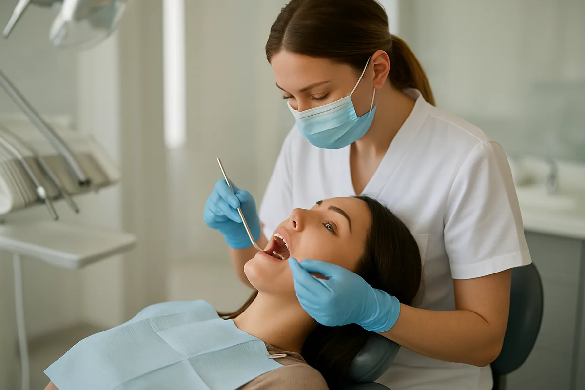 Medic stomatolog examinând dinții frontali ai unei paciente înainte de montarea fațetelor dentare