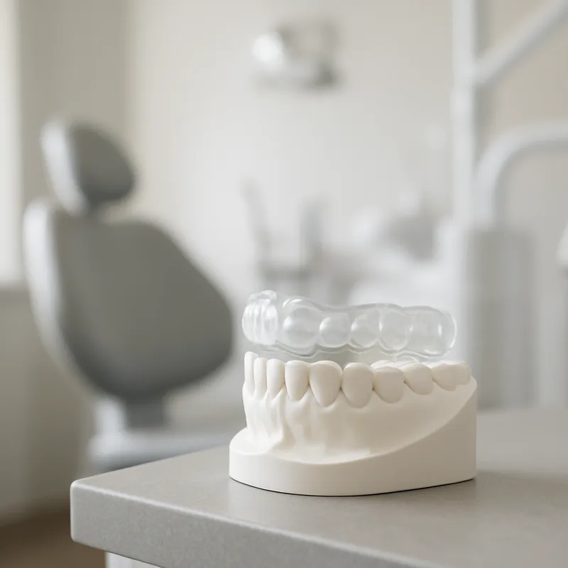 Gutieră ocluzală transparentă pe model dentar, protecție pentru fațete la pacienții cu bruxism