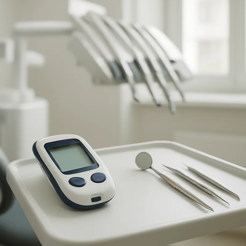 Glucometru și instrumentar stomatologic pe unit, controlul glicemiei înainte de tratamentul parodontal