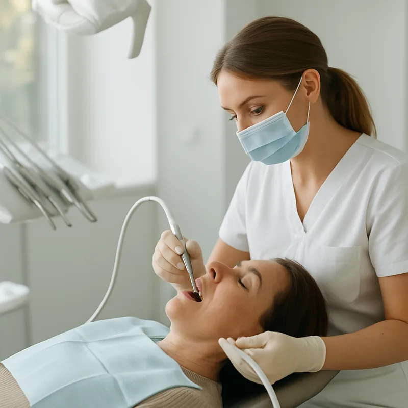 Detartraj subgingival pe cadran la cabinetul stomatologic, etapă din tratamentul parodontal al pacientului diabetic