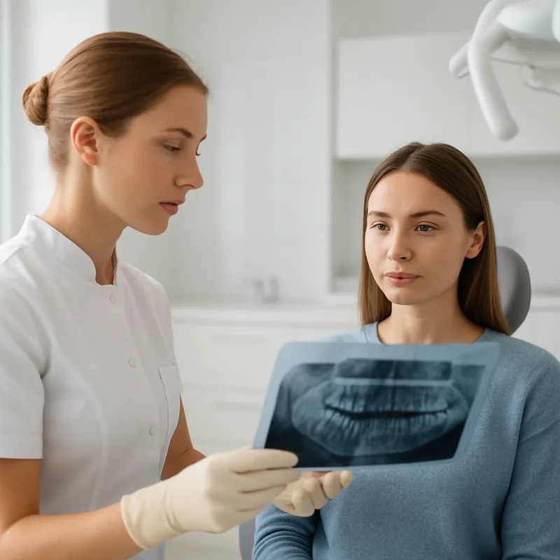 Radiografie dentară folosită pentru a verifica dacă fractura coboară sub gingie, la cabinetul stomatologic