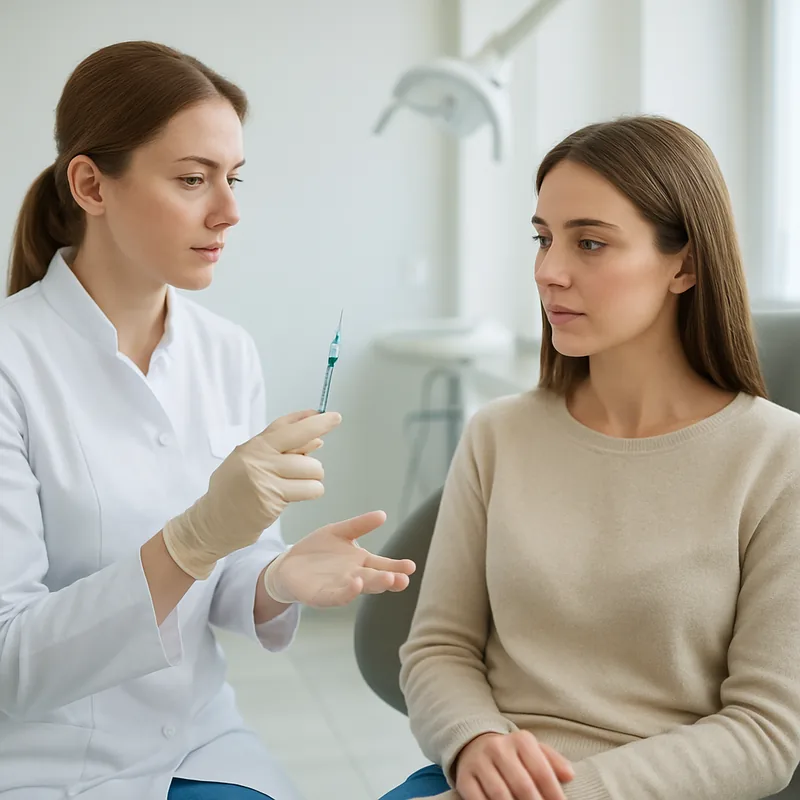 Medic stomatolog explică pacientei etapele anesteziei locale înainte de chiuretajul parodontal, cabinet cabinetul stomatologic