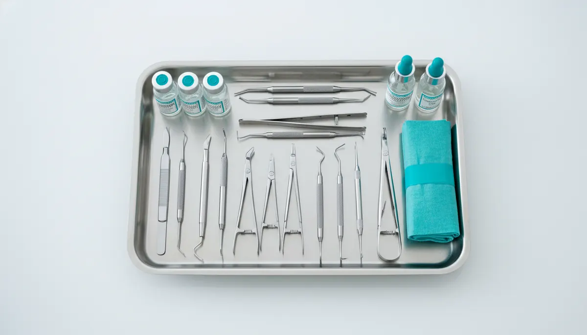Tavă din inox cu instrumentar stomatologic și fiole