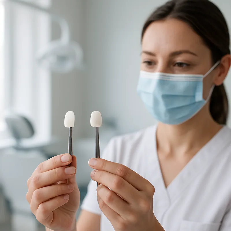 Fațetă no-prep de 0,3 milimetri ținută în pensă, comparată cu o fațetă ceramică convențională