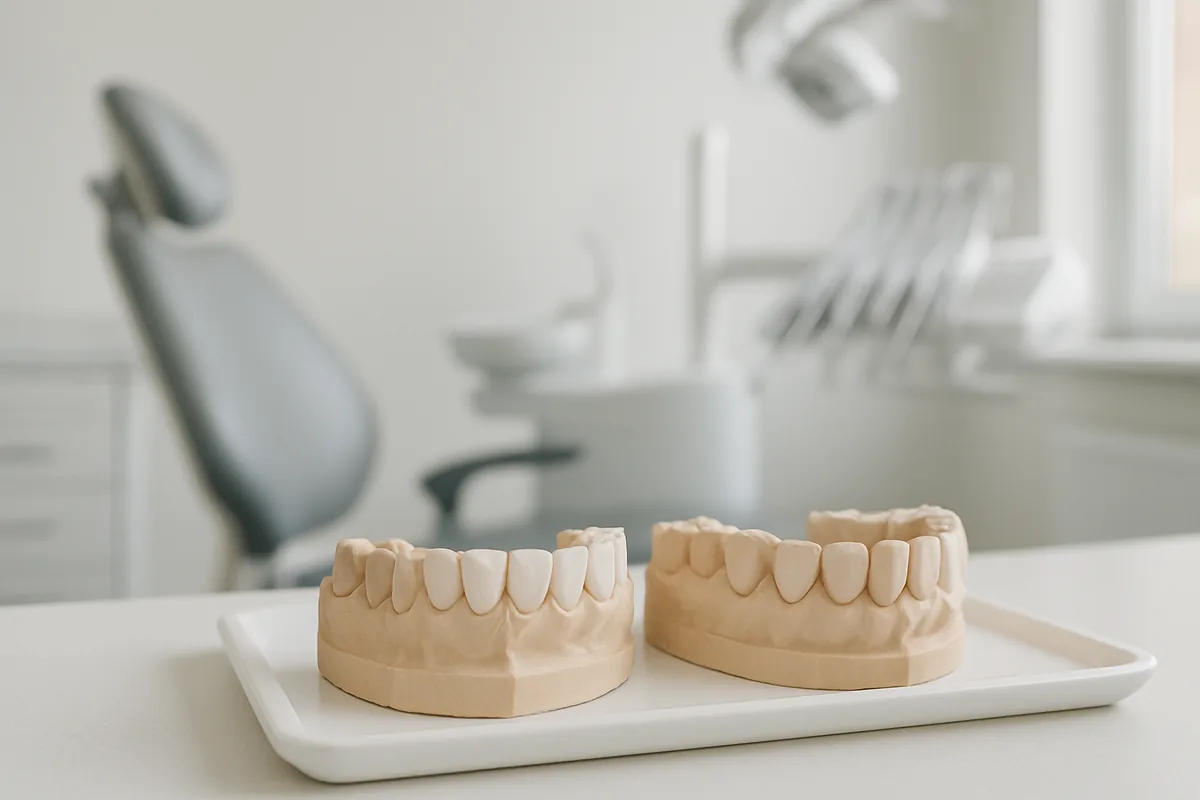 Fațete ceramice și coroane dentare integral ceramice pe modele de studiu, pregătite pentru comparație