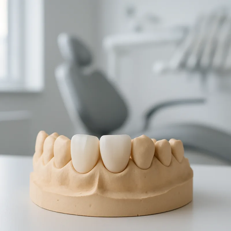 Fațetă ceramică subțire și coroană dentară integral ceramică așezate alături pe un model de studiu, pentru comparație