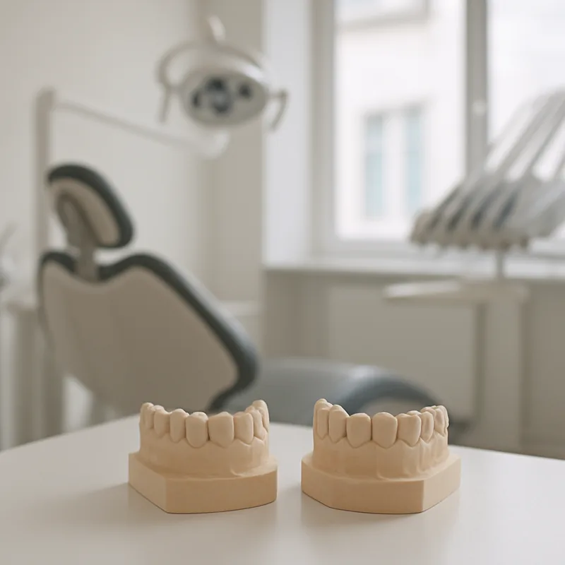 Preparație dentară minimă pentru fațetă comparativ cu preparația circumferențială pentru coroană, pe modele demonstrative