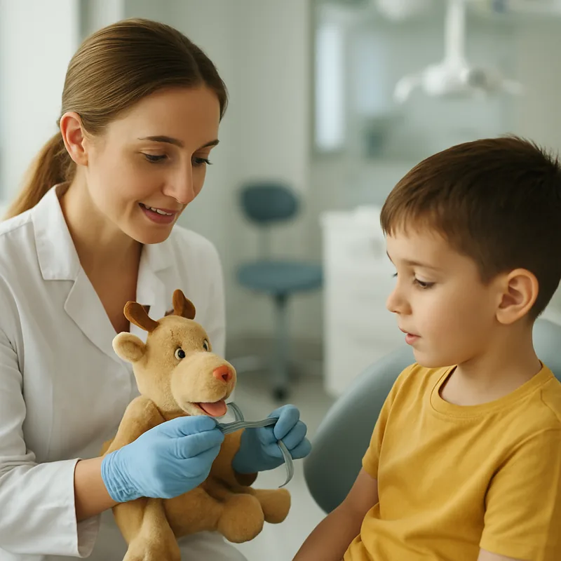 Părinte și copil citesc împreună o carte ilustrată despre vizita la dentist, pregătire acasă