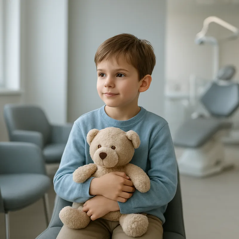 Copil urmărește un desen animat pe ecran în timpul controlului dentar, distragere audio-vizuală în cabinet