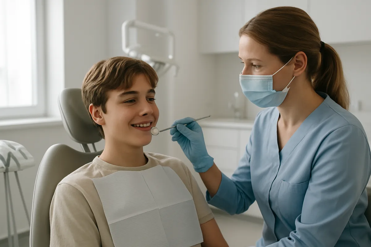 Gingie inflamată la un adolescent, examinată de medic stomatolog