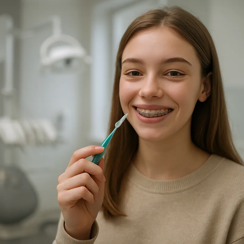 Adolescent cu aparat dentar fix și periuță interdentară pentru igiena gingiei