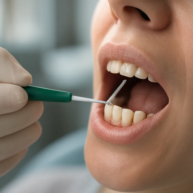 Periuță interdentară folosită la mentenanța parodontală în jurul unei coroane pe implant