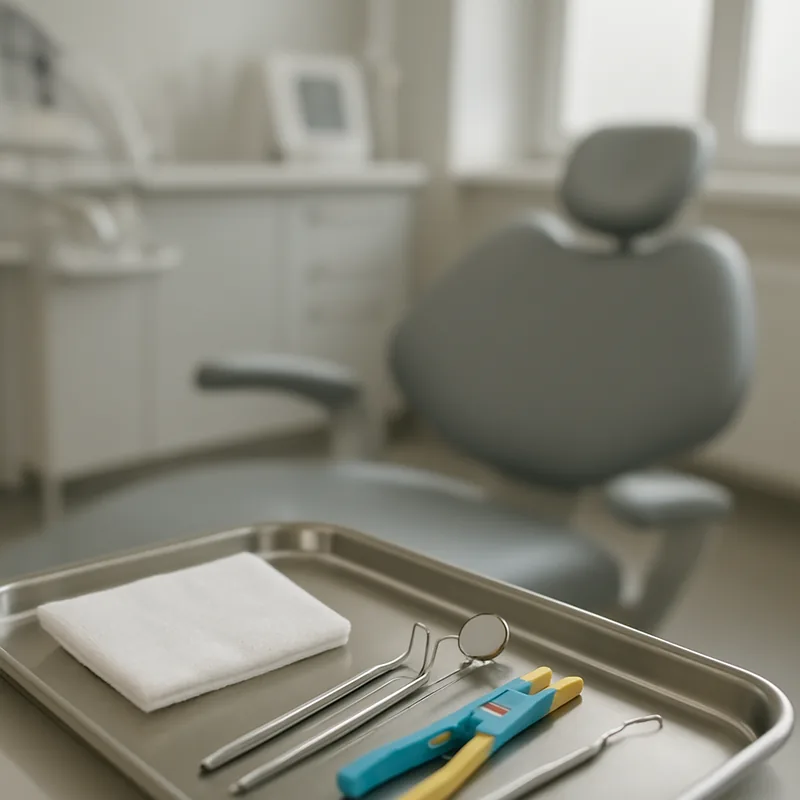 Compresă sterilă și instrumente pediatrice pregătite pentru controlul sângerării după extracția unui dinte de lapte