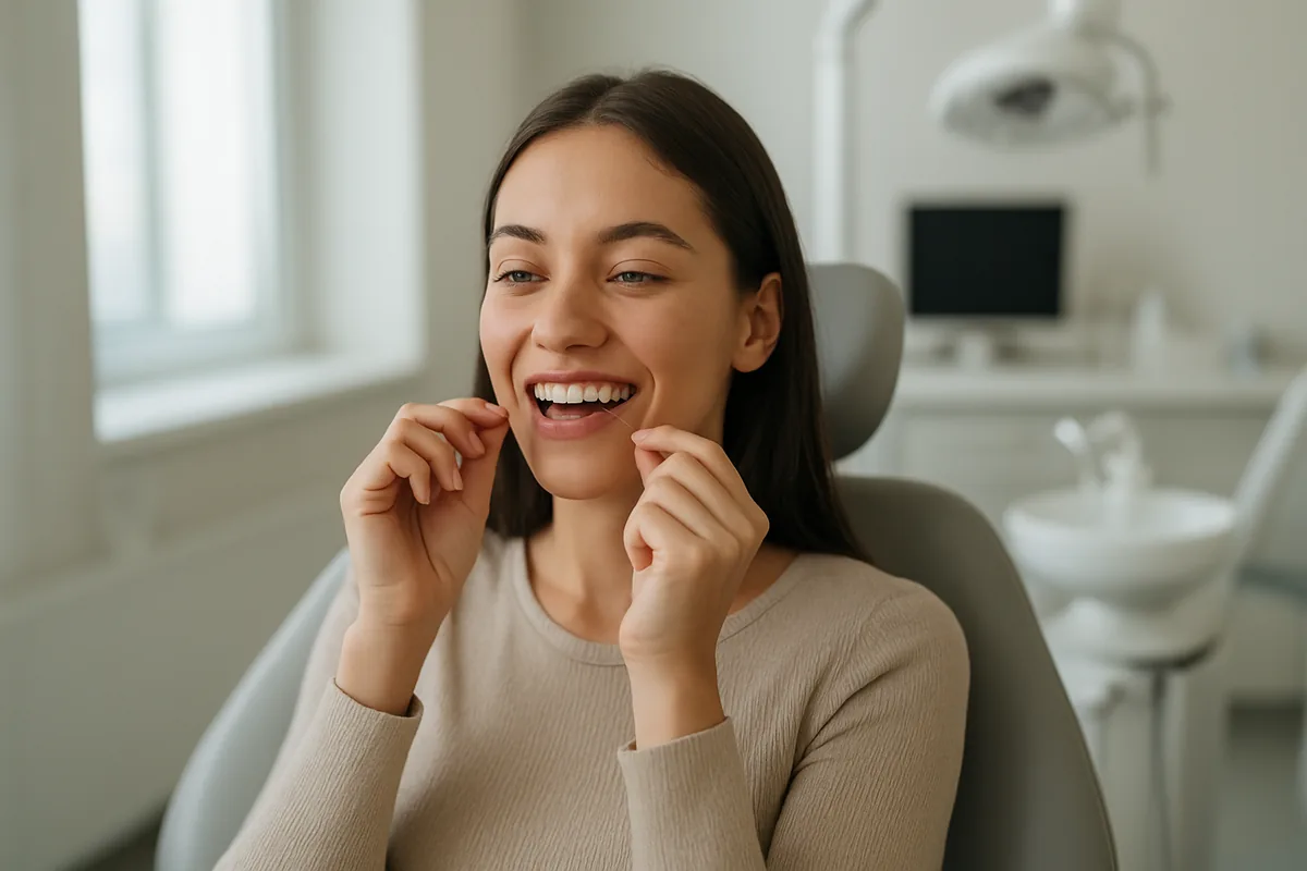 Pacientă din curățând fațetele dentare cu ață dentară, rutina zilnică recomandată de
