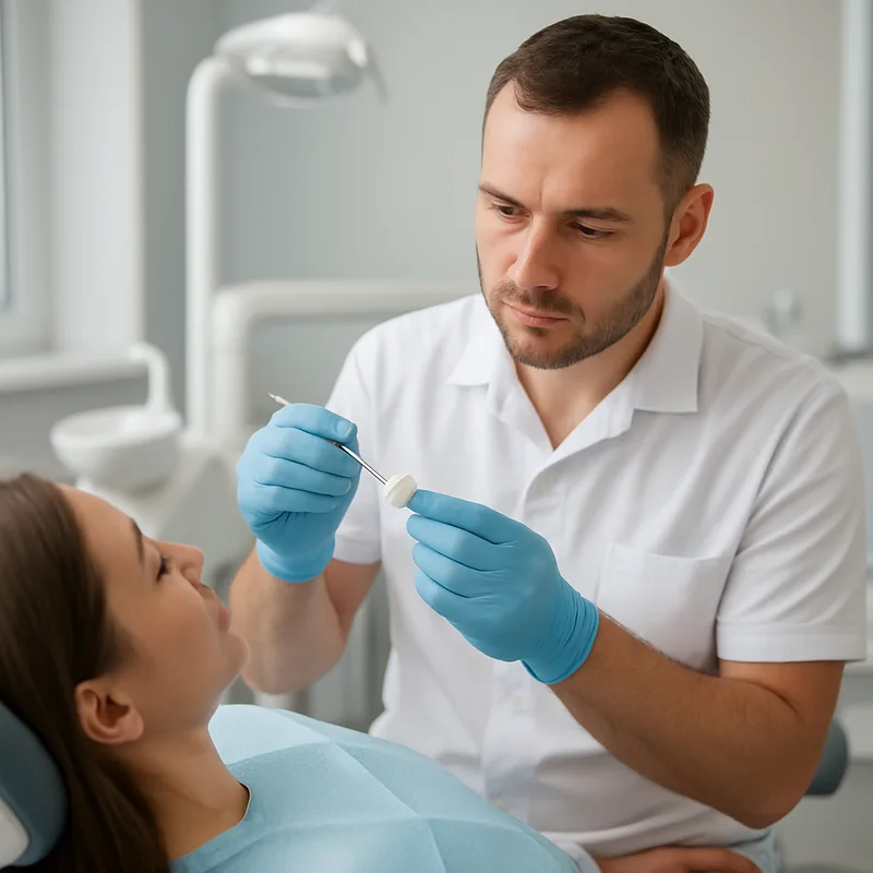 Medic stomatolog verificând marginile unei fațete ceramice la controlul periodic, cabinetul stomatologic