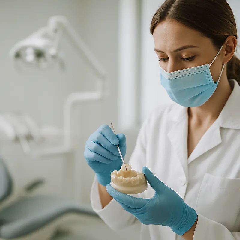 Medic stomatolog verifică adaptarea unei coroane dentare pe model, MD Dental Pitești