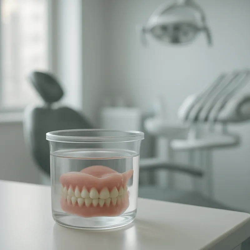 Proteză dentară păstrată peste noapte într-un recipient cu apă, regulă de igienă corectă