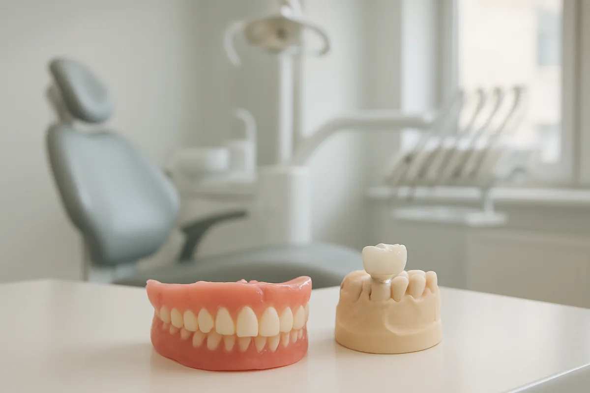 Proteză dentară totală și coroană de zirconiu pe model, în cabinetul de protetică