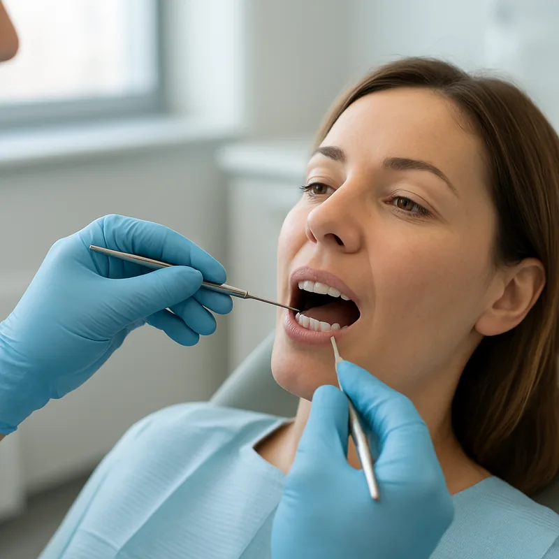 Coroană dentară de zirconiu verificată cu sonda la nivelul marginii gingivale, cabinet stomatologic