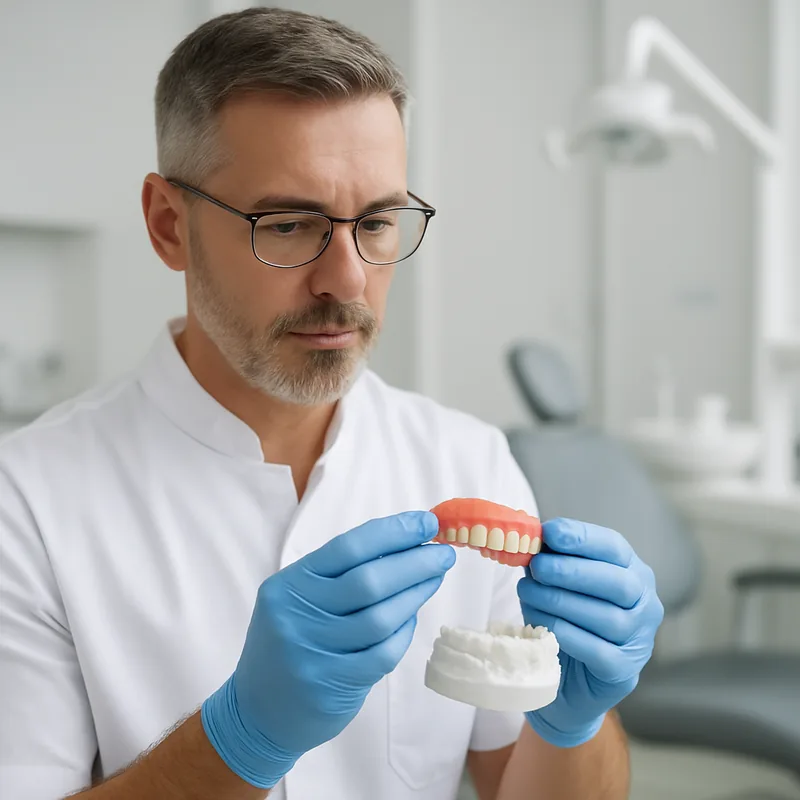 Medic stomatolog verificând adaptarea unei proteze mobile pe model, la consultul de protetică
