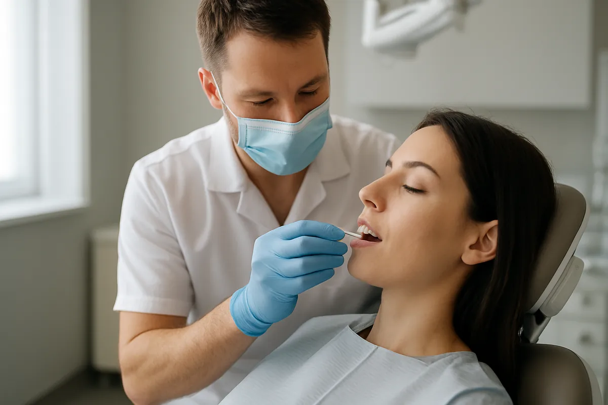 Medic stomatolog poziționând o fațetă dentară ceramică pe un incisiv, în cabinetul din