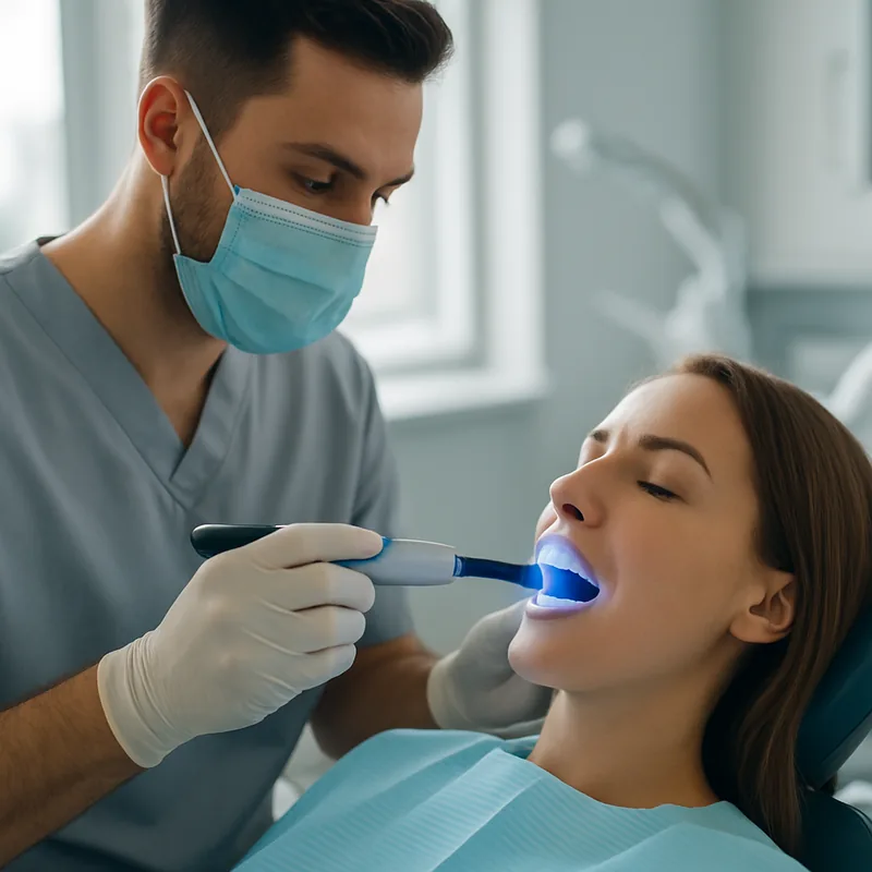 Fotopolimerizarea cimentului adeziv la montarea unei fațete dentare ceramice