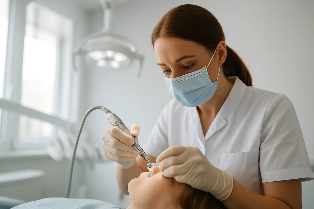 Șlefuirea unui dinte pentru coroană dentară, medic stomatolog lucrând cu freză diamantată sub răcire cu apă