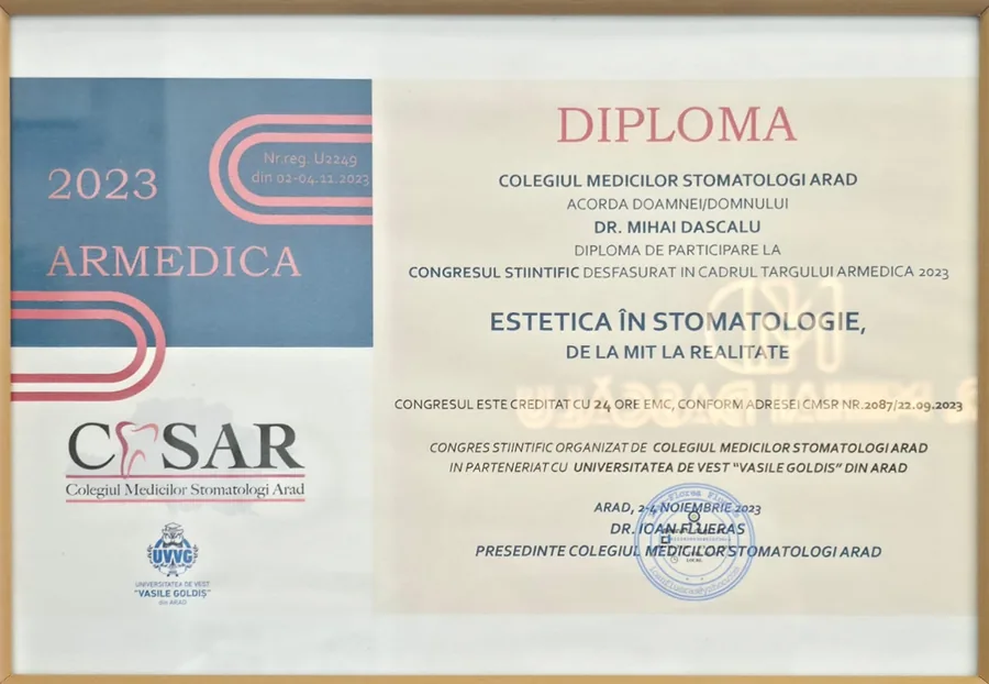 CMS Arad · Univ. „Vasile Goldiș” Arad, ARMEDICA · estetica în stomatologie, de la mit la realitate (24 ore EMC) (Arad, 2023)