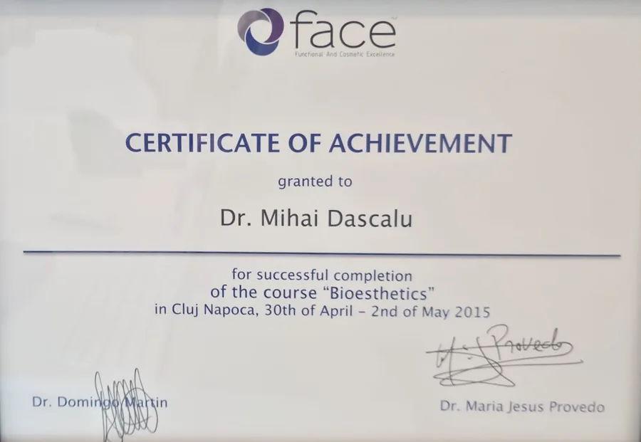 FACE · Functional And Cosmetic Excellence, Certificate of Achievement · Bioesthetics (Cluj-Napoca, 2015)
