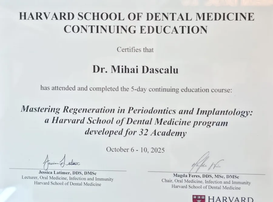 Harvard School of Dental Medicine, Mastering Regeneration in Periodontics and Implantology · program de educație continuă (5 zile), dezvoltat pentru 32 Academy (Boston, SUA, 2025)