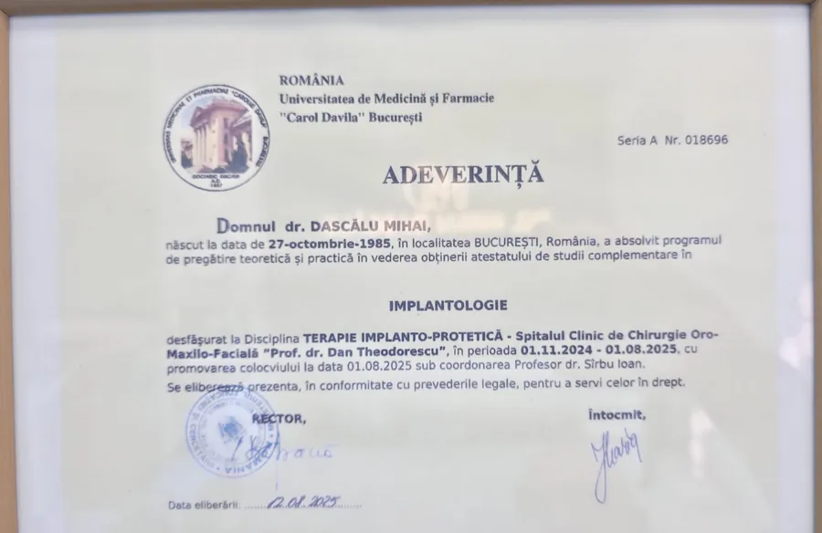 UMF „Carol Davila” București, Atestat de studii complementare în Implantologie (Terapie Implanto-Protetică) (București, 2025)