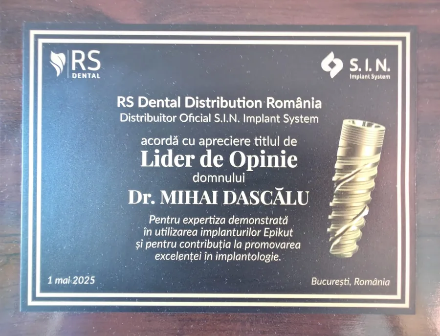 RS Dental Distribution · S.I.N., Titlul „Lider de Opinie” · expertiză în utilizarea implanturilor Epikut (București, 2025)