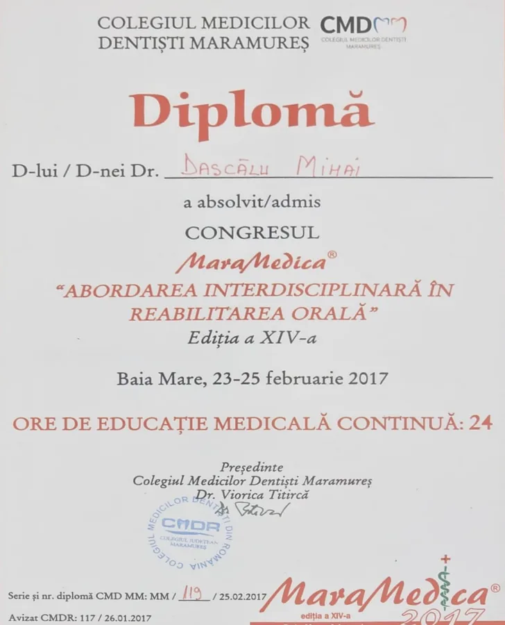 Colegiul Medicilor Dentiști Maramureș, MaraMedica · abordarea interdisciplinară în reabilitarea orală (24 credite EMC) (Baia Mare, 2017)