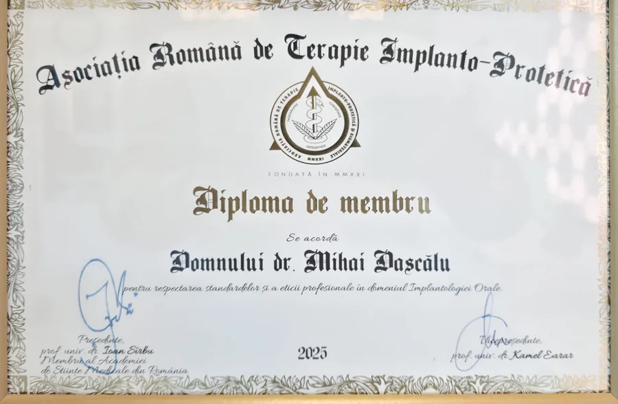 Asociația Română de Terapie Implanto-Protetică, Diplomă de membru · pentru respectarea standardelor și eticii profesionale (România, 2025)