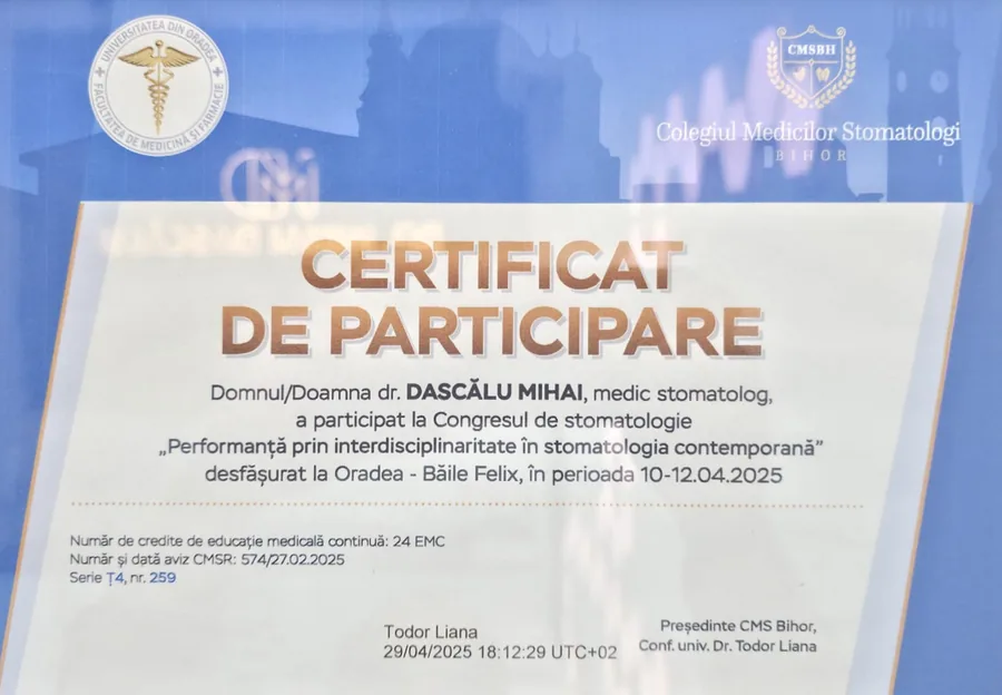 Univ. Oradea · CMS Bihor, Performanță prin interdisciplinaritate în stomatologia contemporană (24 credite EMC) (Oradea · Băile Felix, 2025)