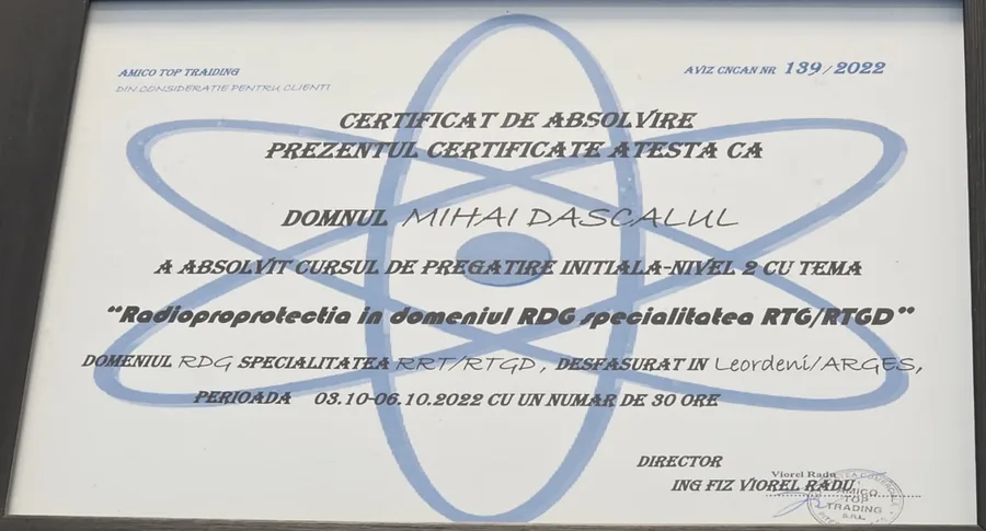 Amico Top Trading · aviz CNCAN, Radioprotecția în domeniul RDG, specialitatea RTG/RTGD (30 ore) (Argeș, 2022)