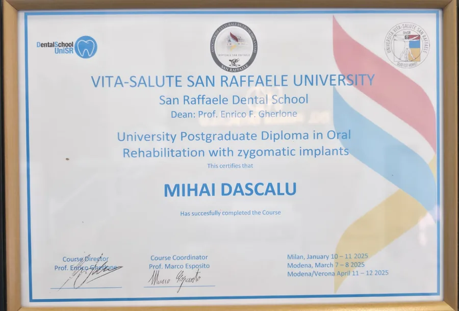 Vita-Salute San Raffaele University, University Postgraduate Diploma in Oral Rehabilitation with Zygomatic Implants (Milano · Modena, Italia, 2025)