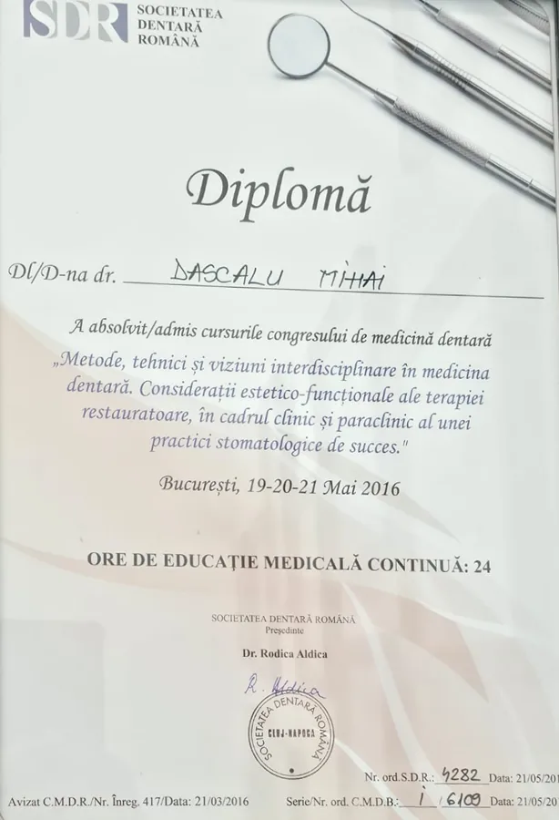 Societatea Dentară Română, Metode, tehnici și viziuni interdisciplinare în medicina dentară (24 ore EMC) (București, 2016)