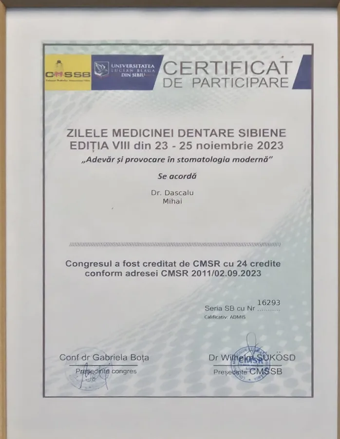 CMSSB · Univ. „Lucian Blaga” Sibiu, Zilele Medicinei Dentare Sibiene, ediția VIII (24 credite EMC) (Sibiu, 2023)