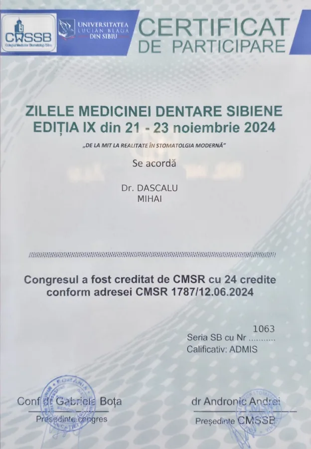 CMSSB · Univ. „Lucian Blaga” Sibiu, Zilele Medicinei Dentare Sibiene, ediția IX (24 credite EMC) (Sibiu, 2024)
